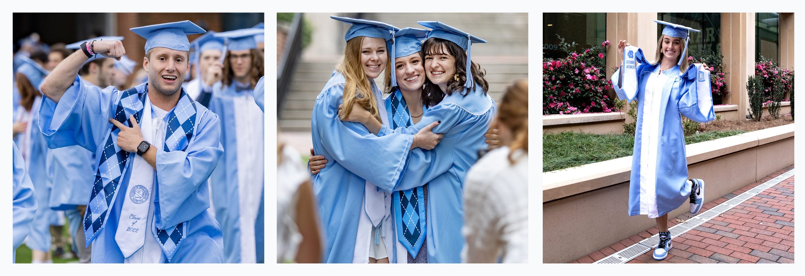 Three-photo collage of student-athletes at past Commencements in Carolina Blue regalia with argyle-themed stoles.