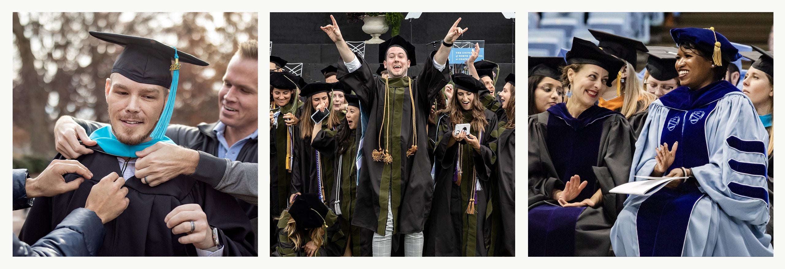 Three-photo collage of graduate students in black regalia at past Commencements and doctoral hoodings.
