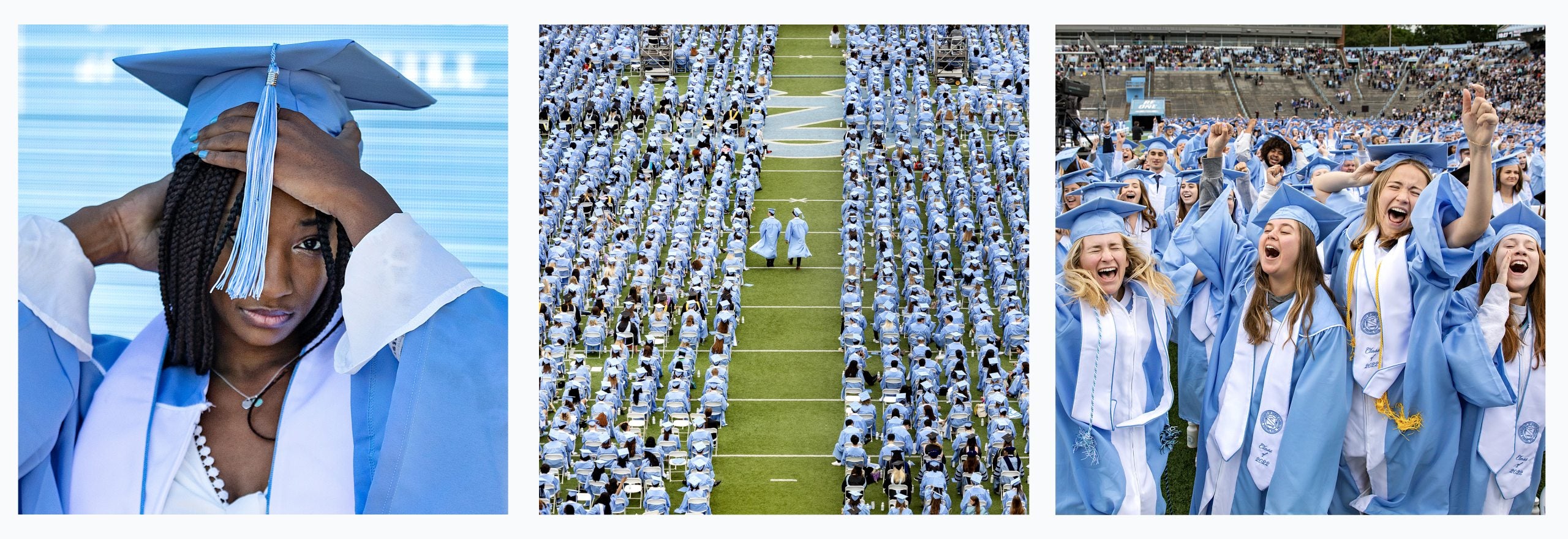 Three-photo collage of students in caps and gowns at past Commencements.