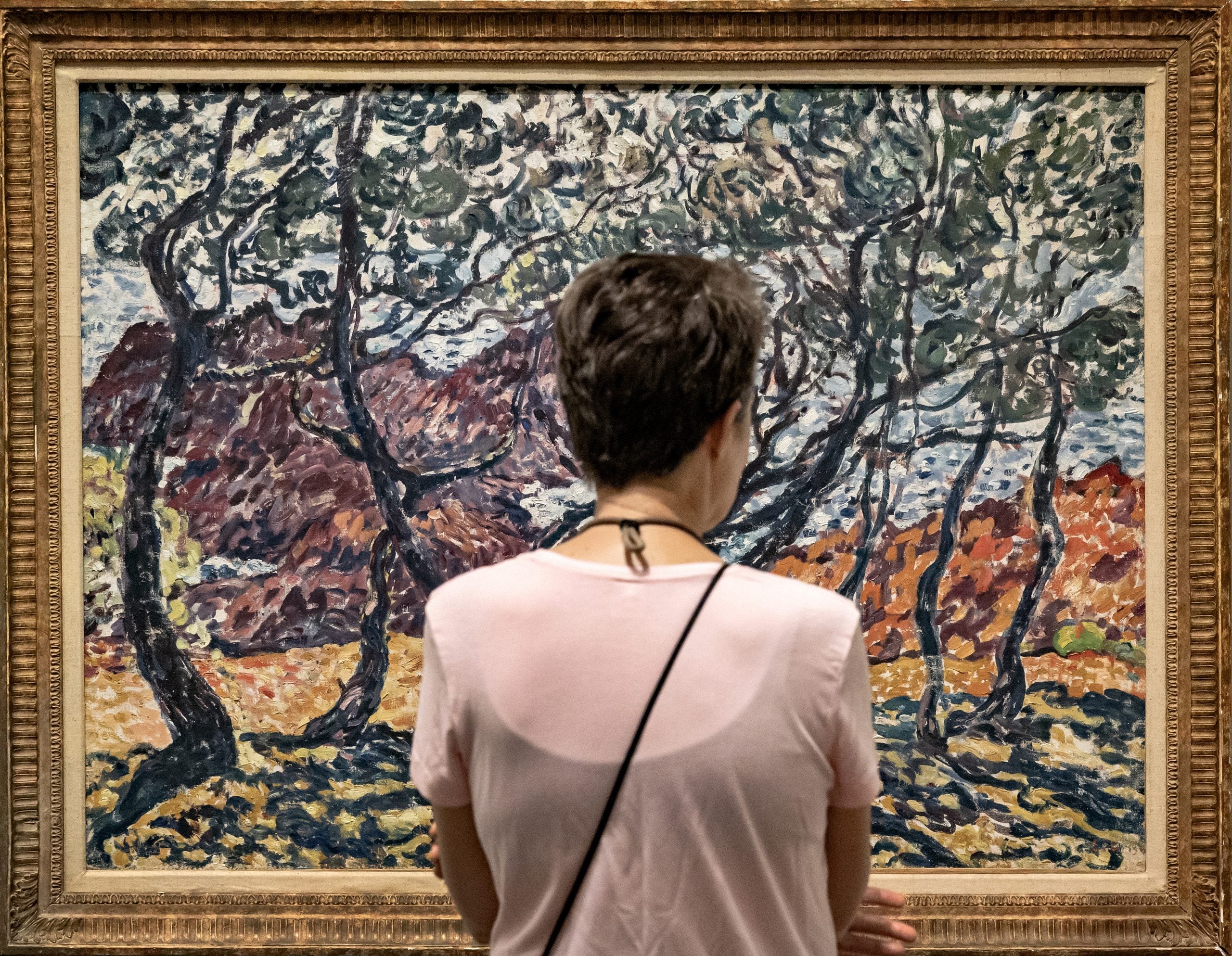 Visitor looking at artwork of trees in a forest.