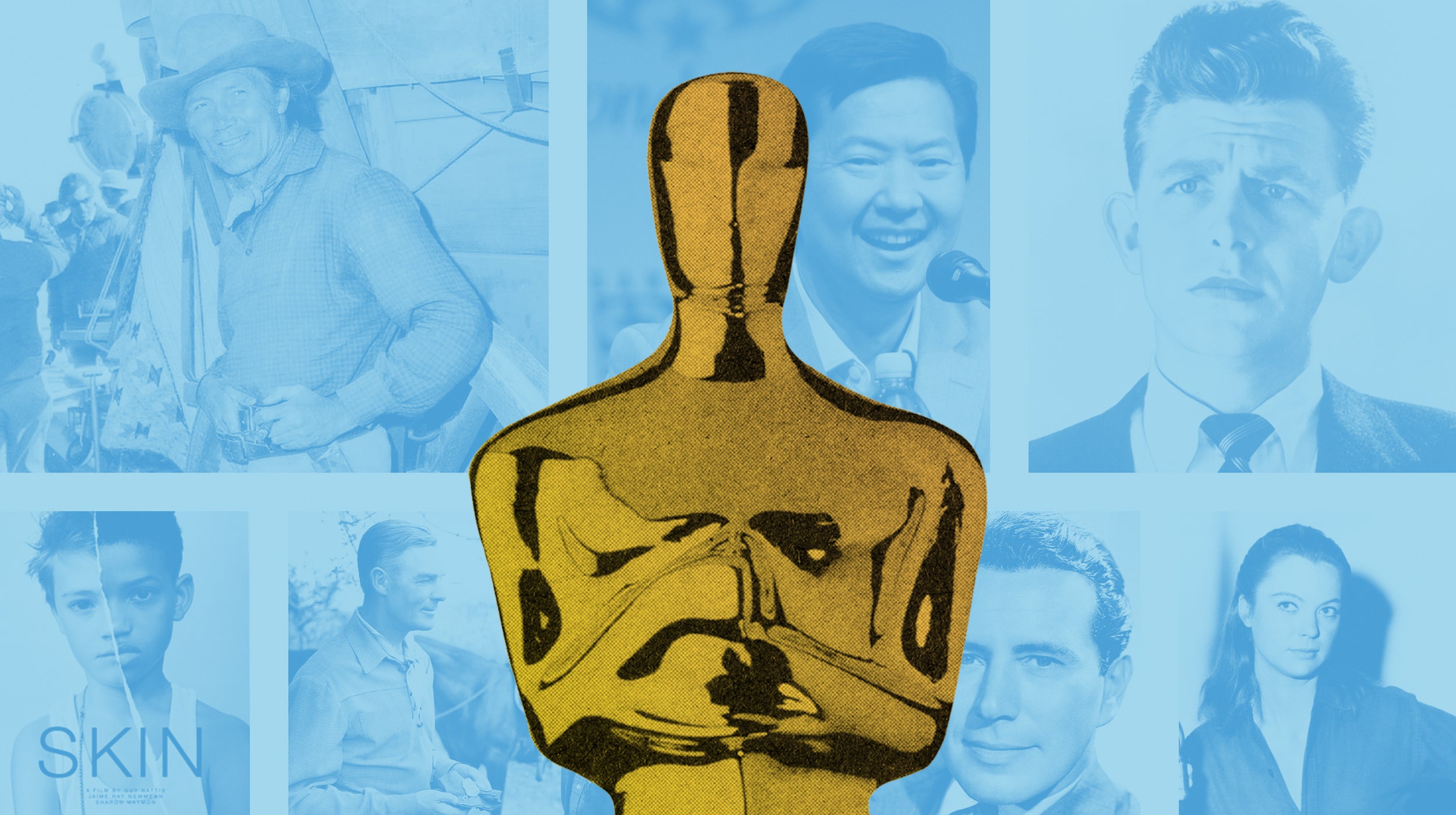 Image of Academy Award statue surrounded by faces of creative individuals.
