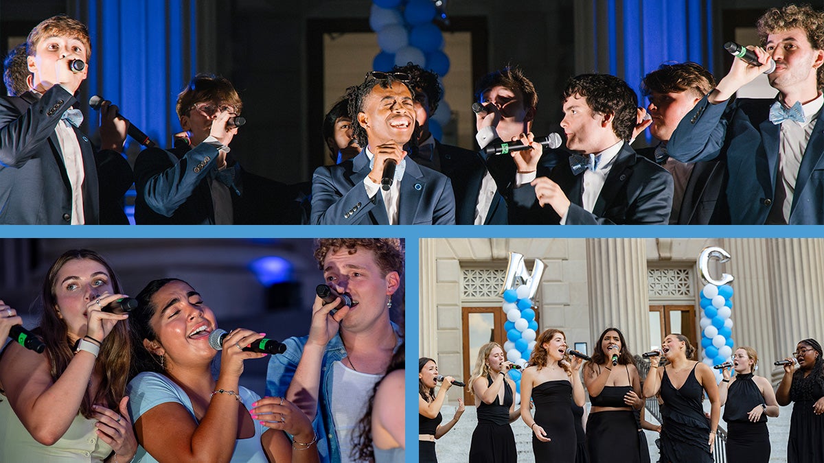 Three-photo collage of UNC-Chapel Hill student a cappella groups performing at Sunset Serenade: nine members of the Clef Hangers singing; eight members of the Loreleis singing; and three members of the Tarpeggios singing.