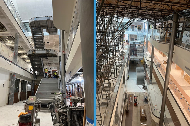 Two-photo collage of the interior of the under-construction Bell Hall on the campus of UNC-Chapel Hill. On the left is an image from the first floor showing a staircase. On the right is a photo from several stories up looking down at lower floors.