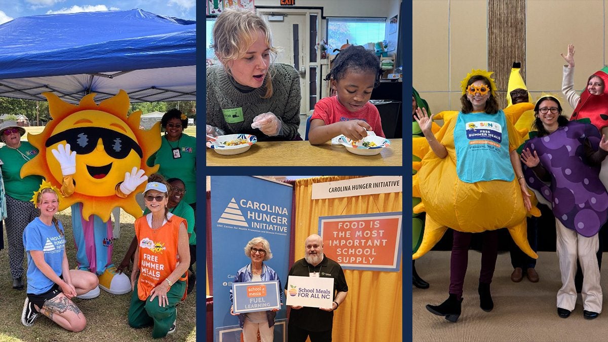 Four-photo collage: People posing with a Sun mascot outside a tent; a college student eating a meal with a young child; two people posing with signs about the importance of childhood nutrition; group of people in costumes of various fruits.