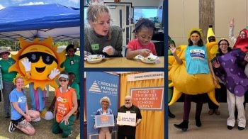 Four-photo collage: People posing with a Sun mascot outside a tent; a college student eating a meal with a young child; two people posing with signs about the importance of childhood nutrition; group of people in costumes of various fruits.