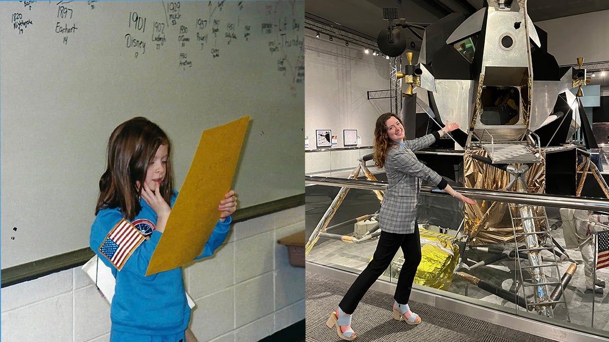Two photos of Emma Ives: One of her dressed as Sally Ride as a child, and another of her posing next to a space shuttle at NASA.