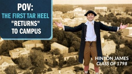 Graphic with a picture of a student dressed as Hinton James, the first UNC-Chapel Hill student, above a black-and-white aerial photo of the Carolina campus. Text reading: 