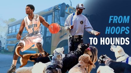 Assorted image collage of Baden Jaxen: playing basketball as a UNC Tar Heel; and working with dogs in his current job. In the background is a pup bus.