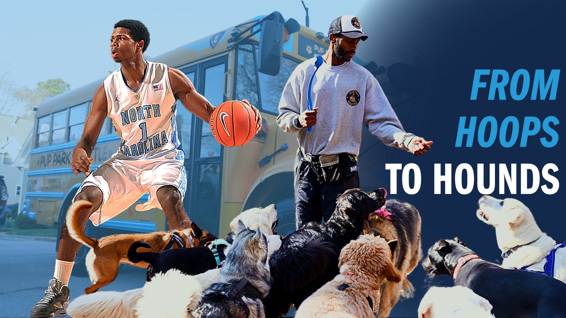 Assorted image collage of Baden Jaxen: playing basketball as a UNC Tar Heel; and working with dogs in his current job. In the background is a pup bus.