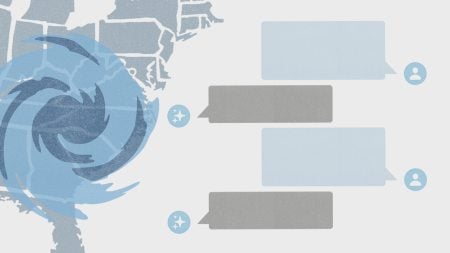 A digitally illustrated graphic featuring the United States map on the right with an overlay of polar winds, and on the left, a graphical representation of a text conversation.