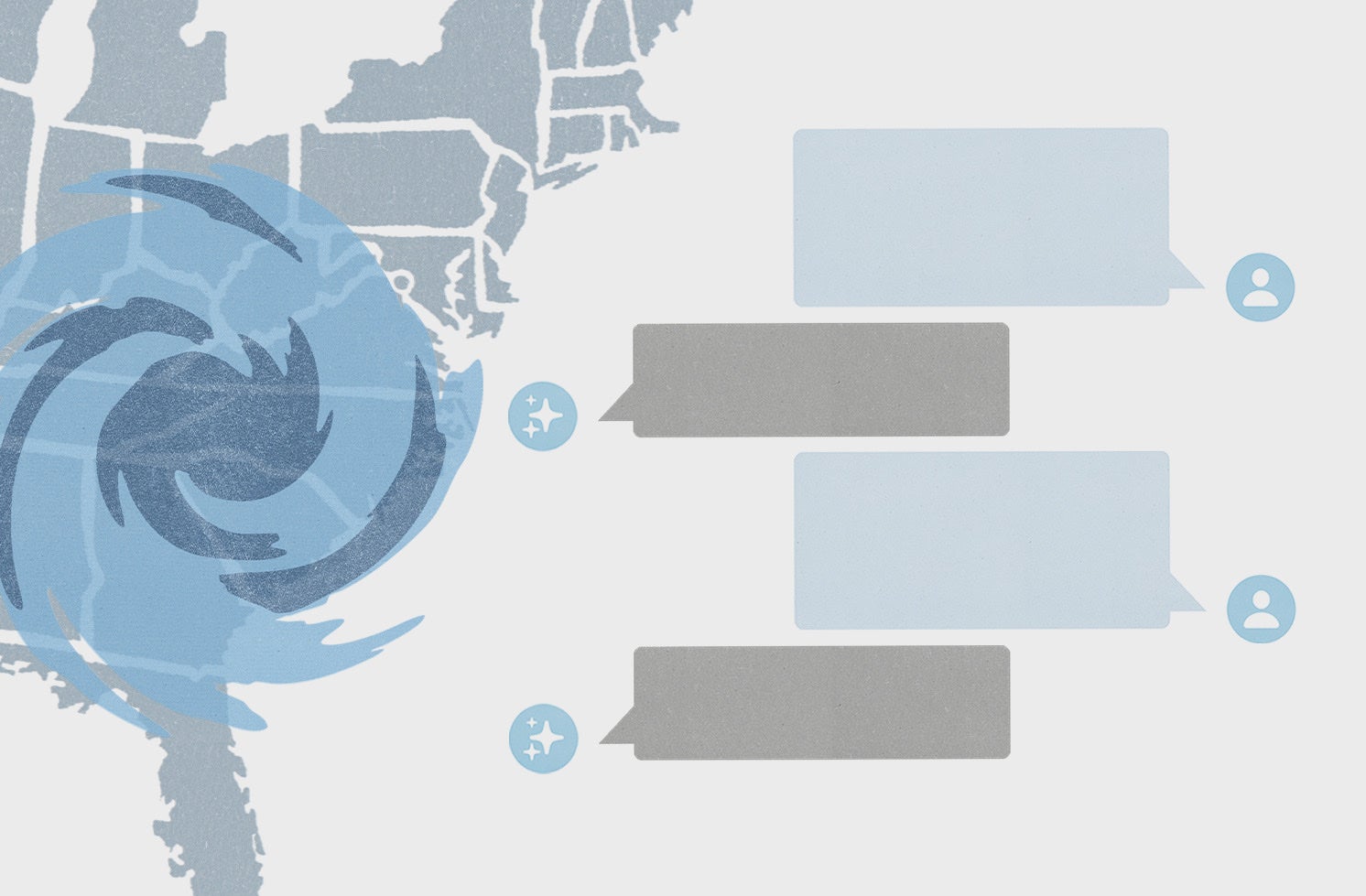 A digitally illustrated graphic featuring the United States map on the right with an overlay of polar winds, and on the left, a graphical representation of a text conversation.