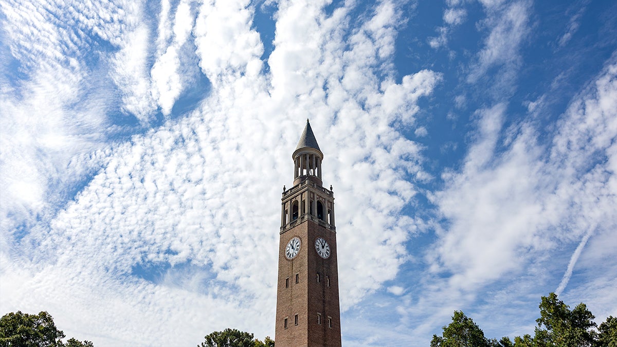 The Bell Tower at UNC-Chapel Hill on a partly cloudy day.