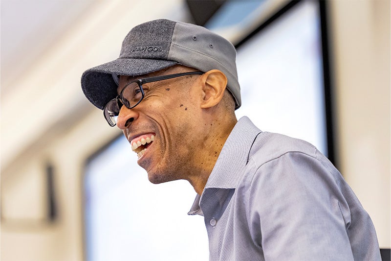 Close-up image of Kerwin Walton smiling while teaching a class on beat making.