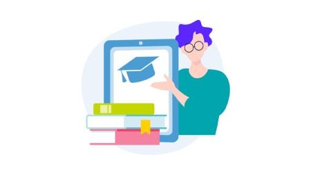 A graphic of a person with a tablet and books.