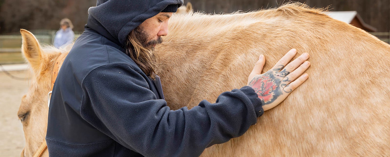 A man, Matthew Colon, petting a horse.