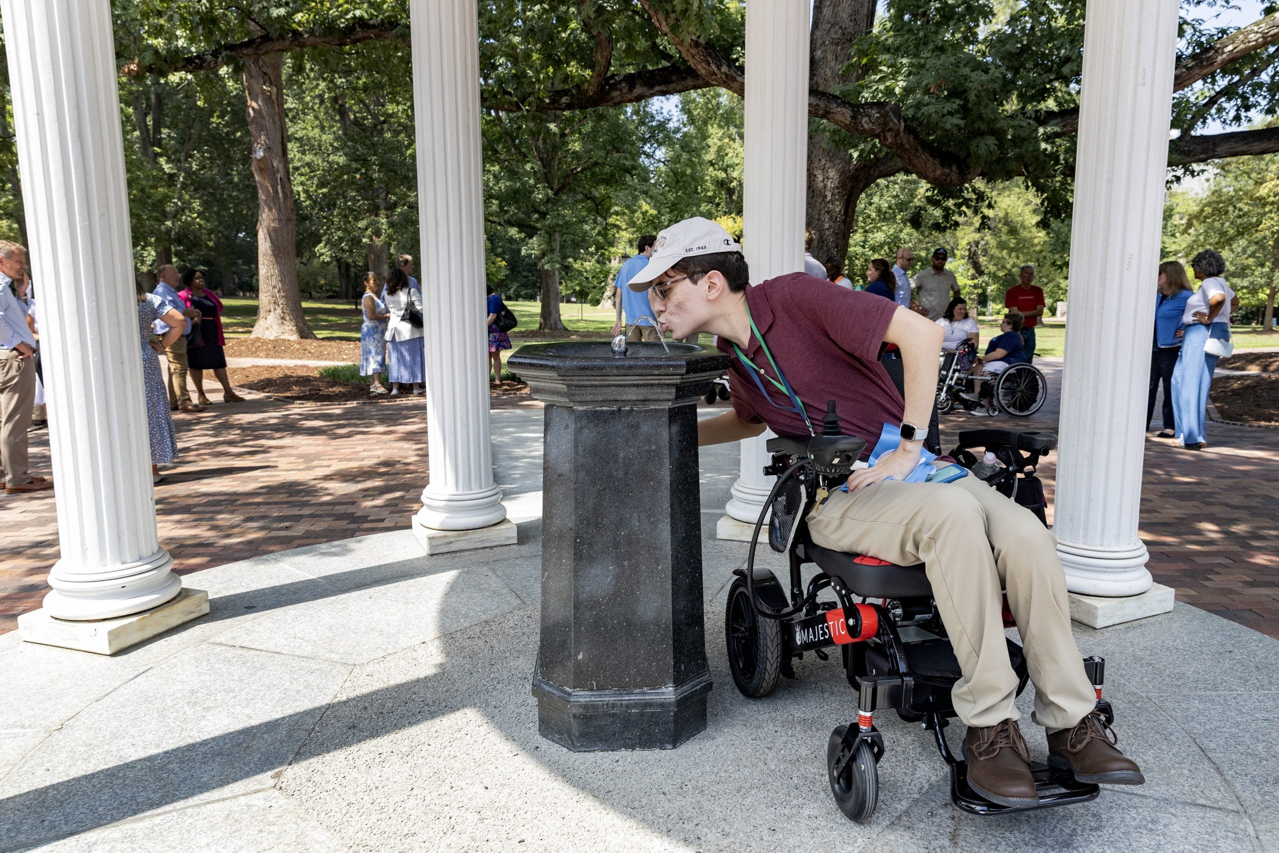 In this image, UNC junior Daniel Meng-Saccoccio makes use of the new sloped pathway and lowered fountain.