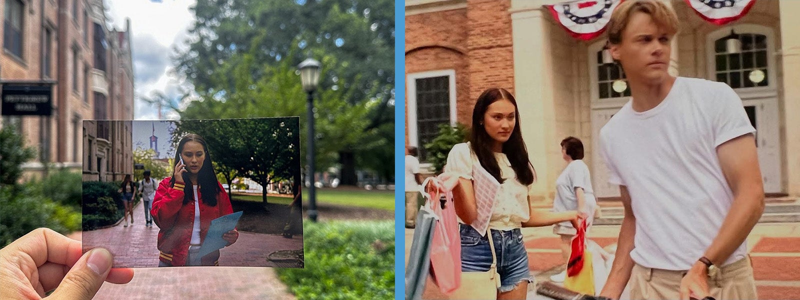 Two-photo collage: Hand holding up a photograph of Belly from 
