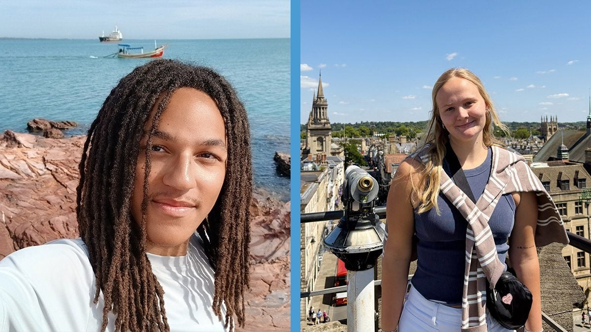 Two-photo collage: Aiden Bryant taking a selfie near body of water in Thailand; and Kinlee Reece posing for photo on rooftop of building in London.