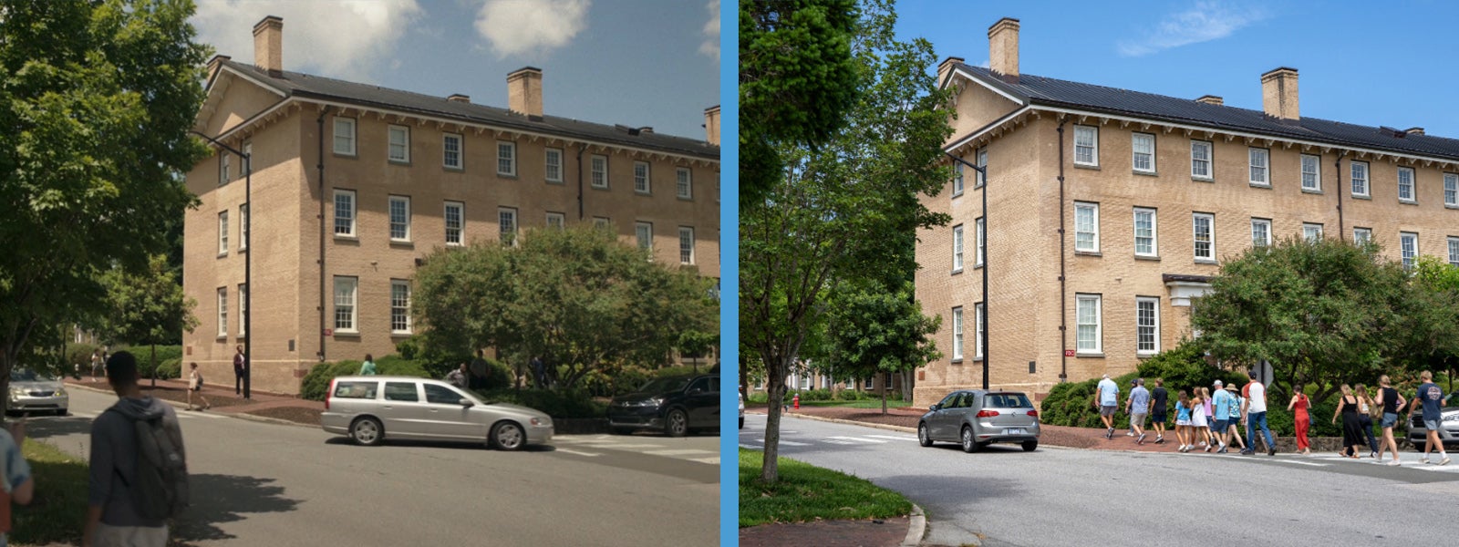 Side by side image: Lola Tung (Belly) is driving a silver car past Old East, a prominent brick building on the UNC Chapel Hill campus, in this scene from 