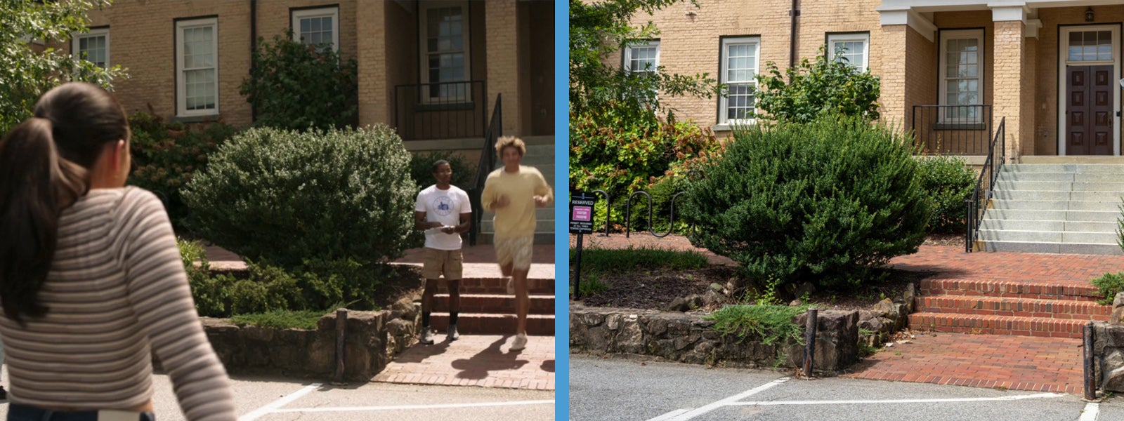 Side by side image: Lola Tung (Belly) is seen from behind, facing Gavin Casalegno (Jeremiah) and other students walking on a path in front of Old East on the UNC Chapel Hill campus, in 