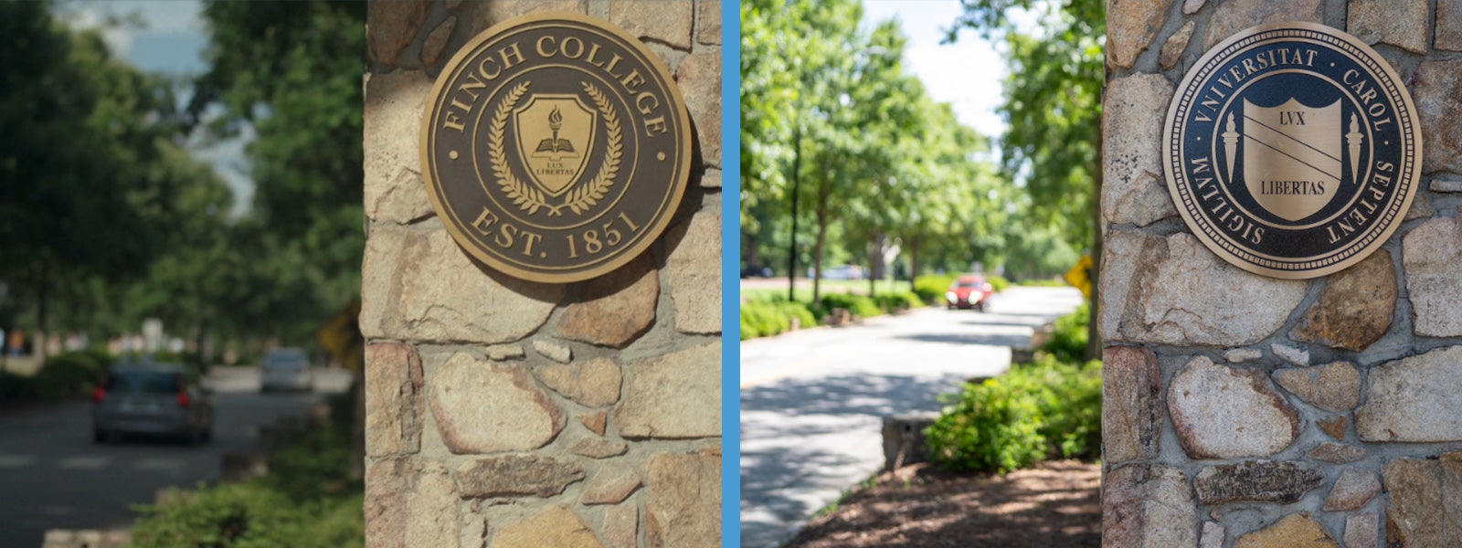 Side by side image: A stone pillar with a bronze-colored 