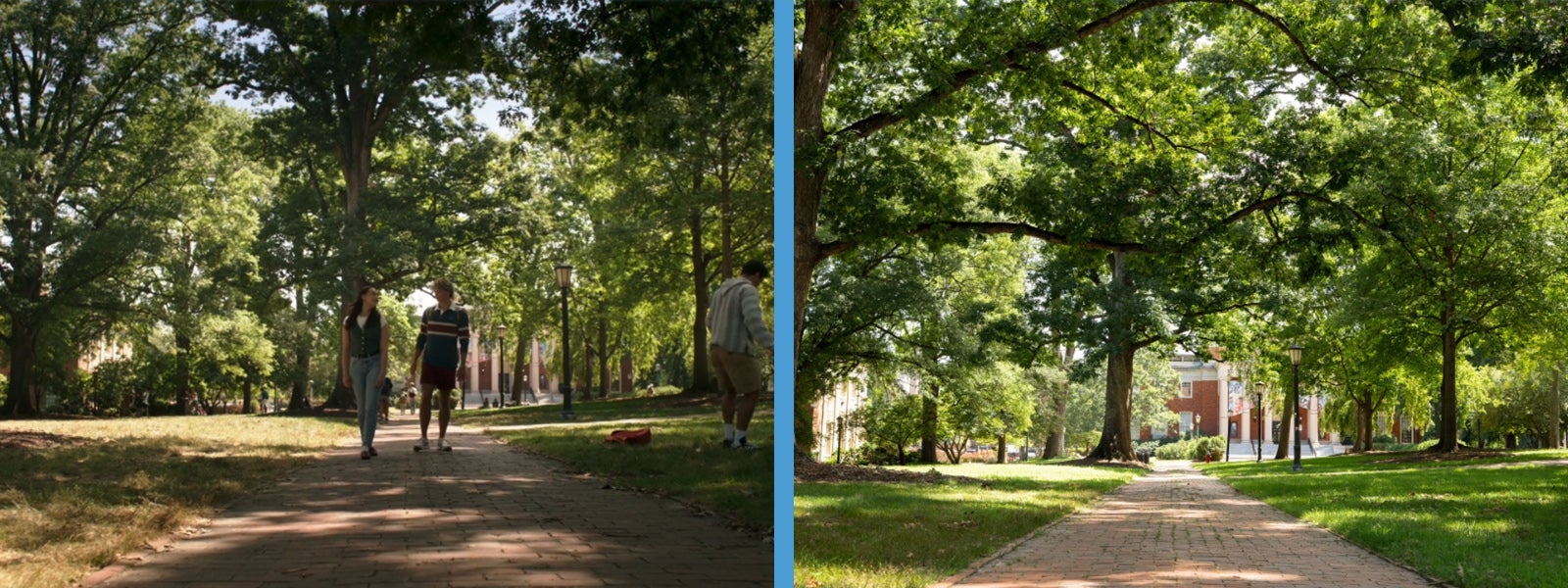 Side by side image: Lola Tung (Belly) and Gavin Casalegno (Jeremiah) walk on a path in McCorkle Place on the UNC Chapel Hill campus, with the Morehead Planetarium visible in the background. A view of the brick path in McCorkle Place on the UNC Chapel Hill campus, leading towards the Morehead Planetarium, recreating the setting from 