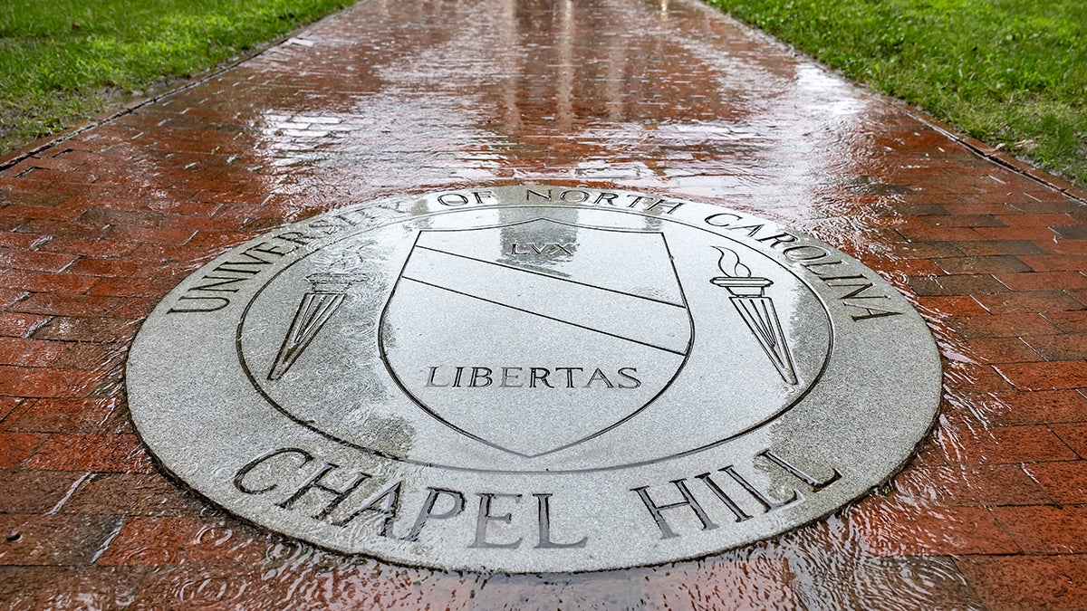 The University seal at U.N.C. Chapel Hill on a rainy day.