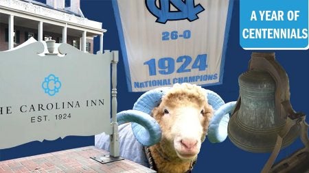 Collage with sign from Carolina Inn, basketball championship banner, Rameses and South Building bell