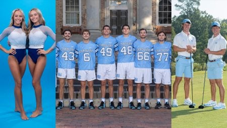 Three-photo collage of five sets of twins on UNC-Chapel Hill sports teams: Elly and Neve King of gymnastics posing in their unifiroms; Johnny and Tyler Schwarz, Dom and Nick Pietramala and Alec and Graham Riddle of men's lacrosse posing for a group photo in uniform in front of South Building; and David and Maxwell Ford of men's golf posing on a golf course in their uniforms.