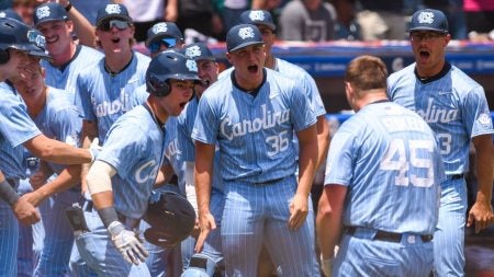 UNC baseball players celebrating after a home run.