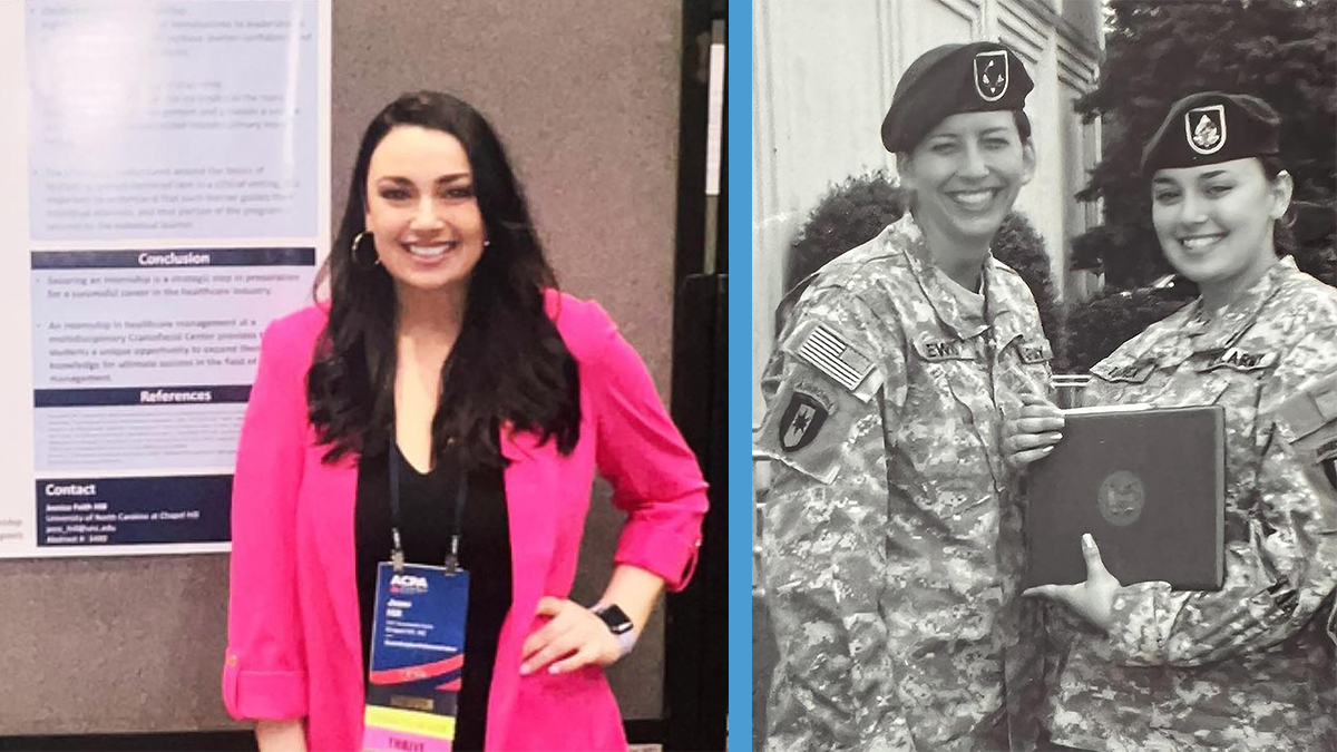 A collage of two photos submitted by Jessica Hill; On the left, she poses proudly next to her research board and on the right, she smiles as she receives a military award while wearing her uniform.