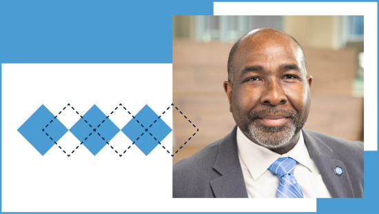 Graphic with a portrait of Dedric Carter and Carolina's blue argyle shape.