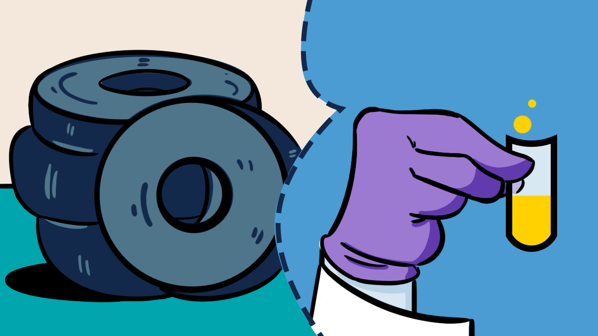 An illustration of a pile of tires to the left of the image and on the right a gloved hand holds up a vile of chemicals.