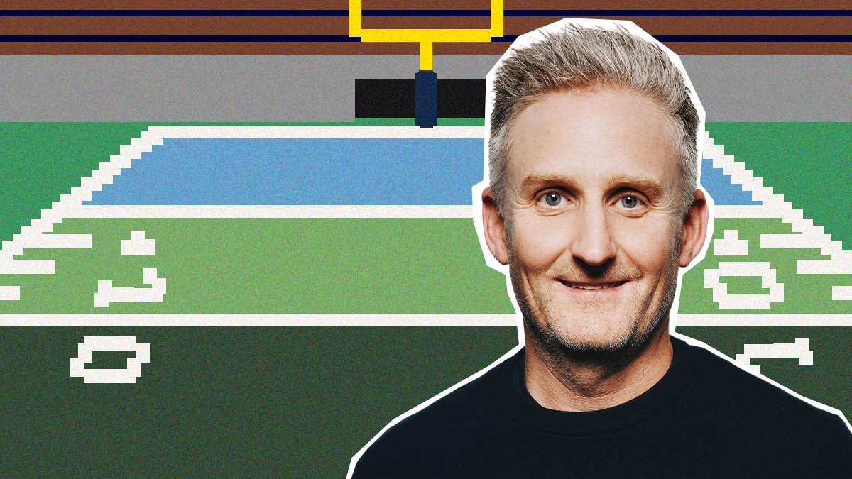 David Tinson overlayed on top of a pixar art interpretation of a football field.