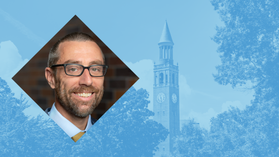 A graphic with a photo of Magnus Egerstedt over a Carolina Blue background with a photo of the Bell Tower.