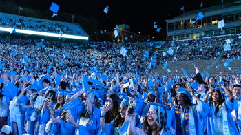 Commencement ceremony with graduates throwing up caps.