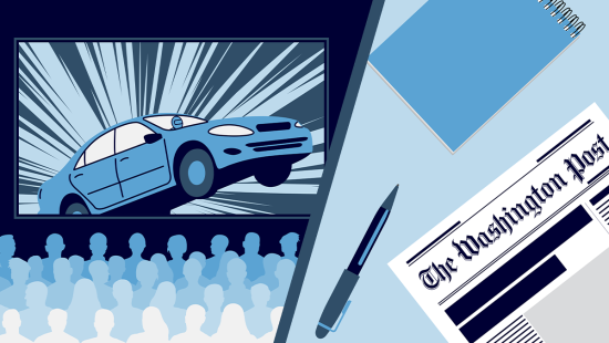 Graphic of car jumping on movie screen next to Washington post newspaper.