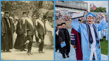 A collage of two photos; on the left an archival photo of student marshals guiding the graduation procession from 1914 and on the right, a photo from 2025 of a student cheering as he leads the graduation procession.