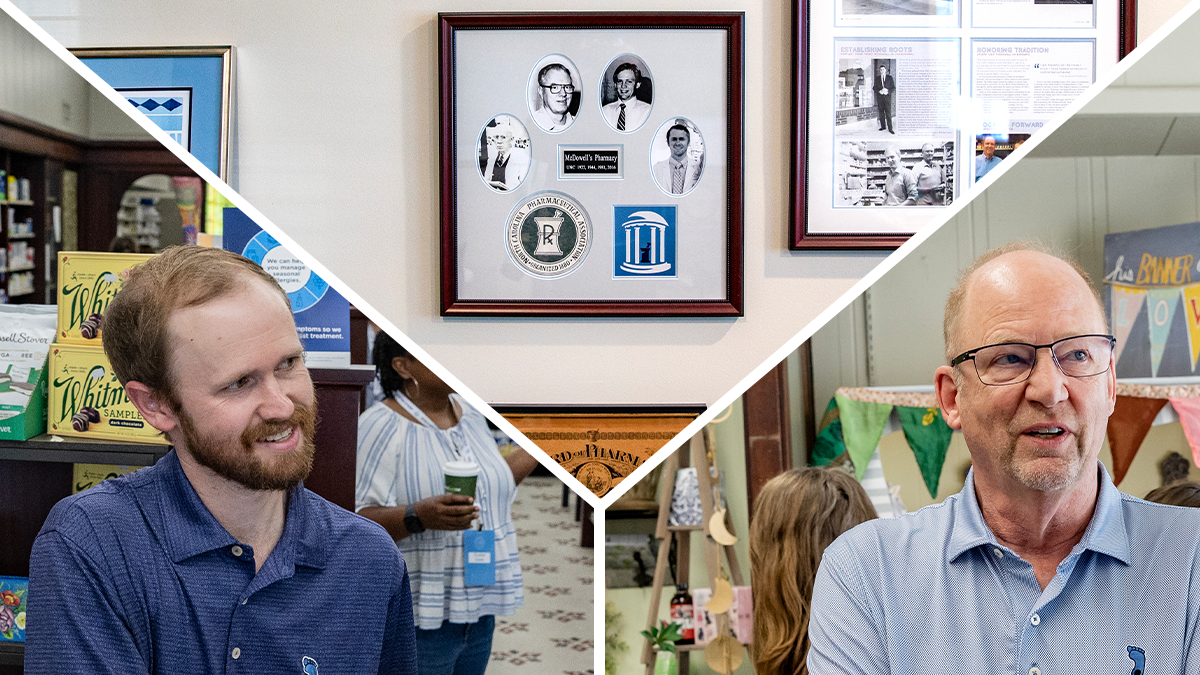 Three photo collage: Thomas McDowell in McDowell's Pharmacy talking with someone; framed photos of the four generations of McDowells and the Old Well logo; and Joe McDowell speaking with someone in McDowell's Pharmacy.