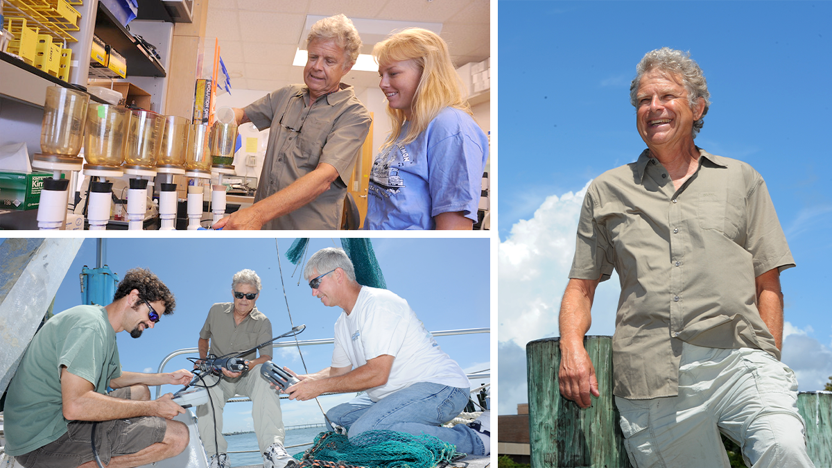 A collage of three photo of Hans Paerl doing various research task.