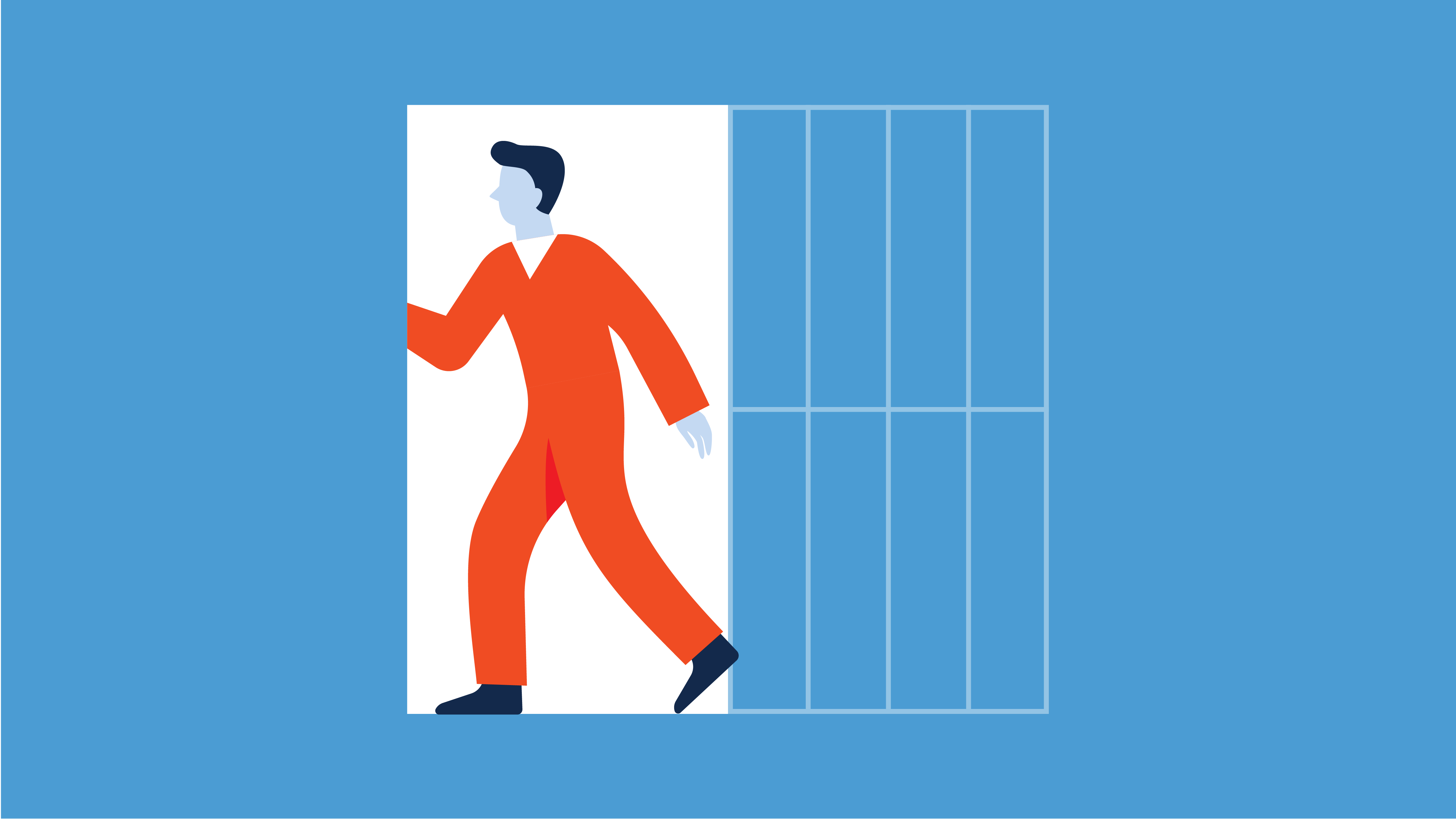 Artistic rendering of a man in an orange jumpsuit leaving a prison cell.
