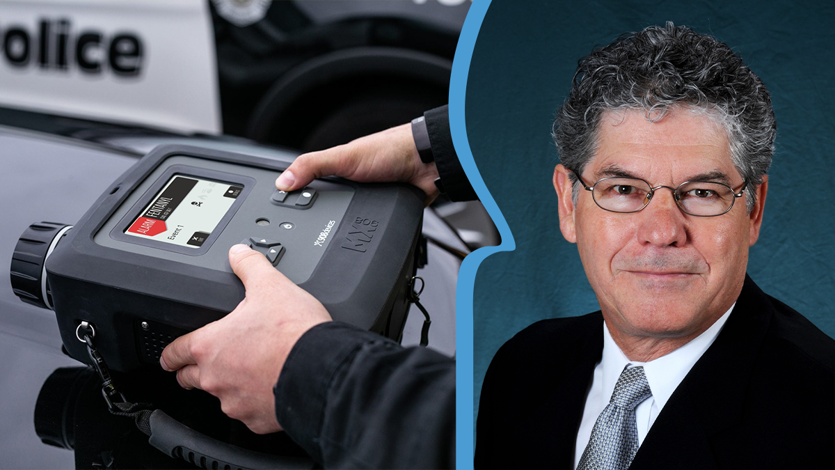 Two-photo collage: Close-up image showing hands holding the MX908, a hand-held mass spectrometer device; and portrait of J. Michael Ramsey.