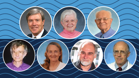 A collage image of various state service people receiving their milestones from Top row, left to right: Timothy A. Turvey, Ann G. Matthysse, Philip A. Bromberg. Bottom row, left to right: William L. Barney, Myra Daniel, Steven S. Rosefielde, Claude Thomas Nuzum.