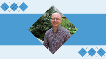 Stephen Grant in a graphic frame featuring Carolina colors and argyle.