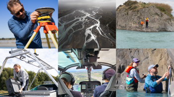 Six-photo collage with pictures of: a man setting up a measurement tool on land near a river; an aerial view of a winding river in New Zealand; two researchers wearing life vests and standing on the edge of a large rock while placing a measurement tool in a river; a researcher configuring a large GPS system to a boat; a man and a woman riding in a helicopter; two researchers configuring a measurement rod in a river.