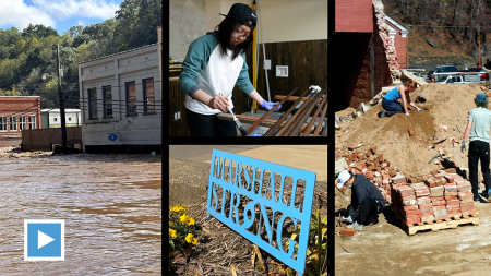 Collage of photos: Flooding in North Carolina; a student painting; a sign that says Marshall Strong; students helping rebuild a building.