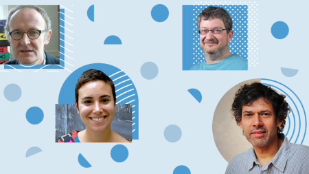 A collage of four educators with various shapes and lines applied to submitted headshots.