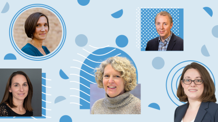 A collage of five educators with various shapes and lines applied to submitted headshots.