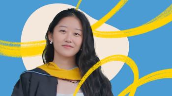 A headshot of Rylee Li with some graphic elements.